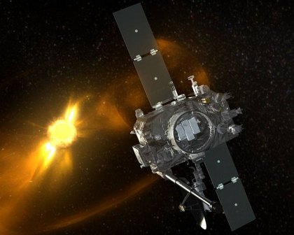 An artist's conception of the spacecraft viewing a sun storm.